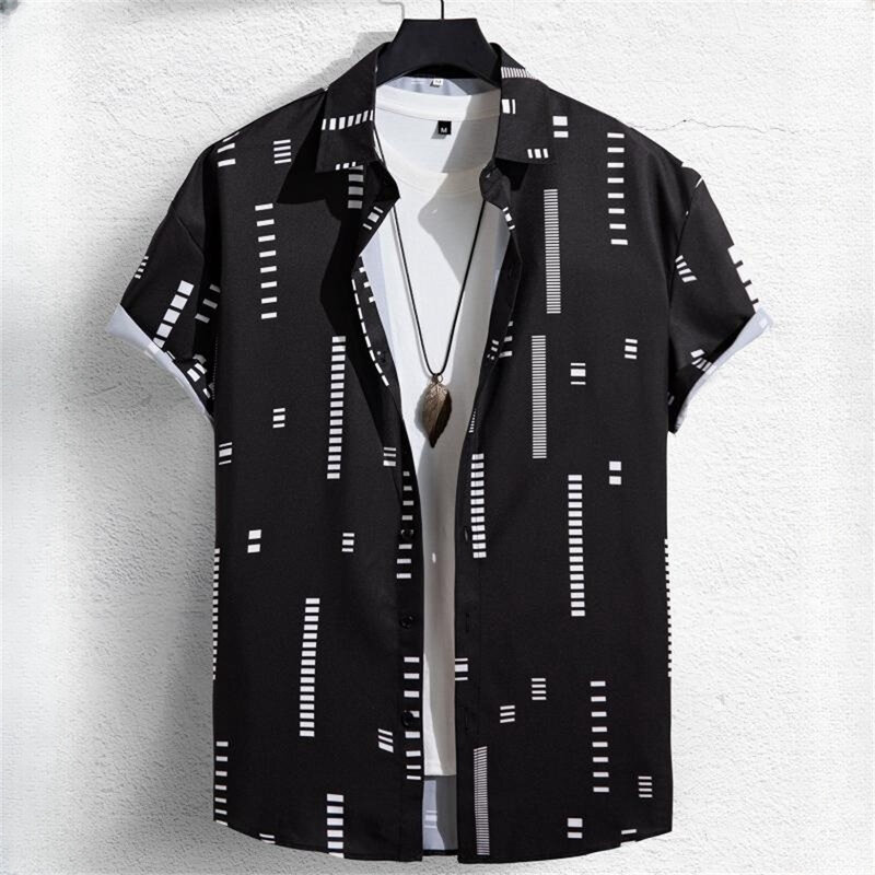 Camisas masculinas de geometria impressa em 3D, cor gráficos, botão moda, manga curta, lapela havaiana, verão