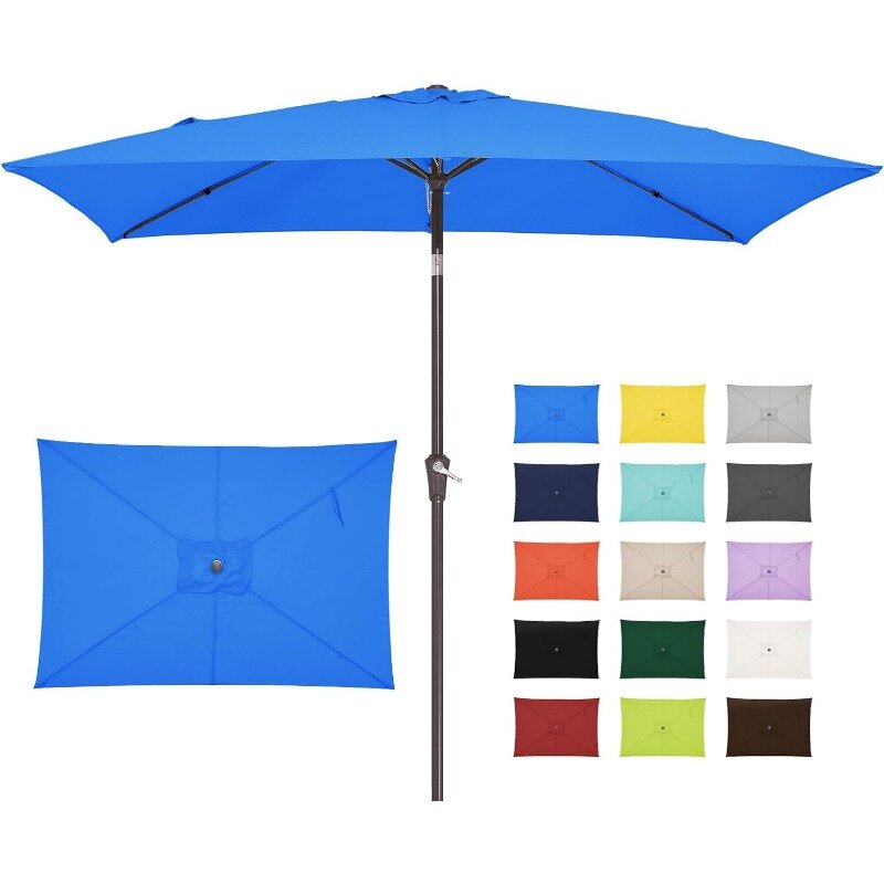 Parapluie de marché extérieur rectangulaire avec bouton poussoir, inclinaison et manivelle, table, 6 nervures robustes, 6.5x10 pi