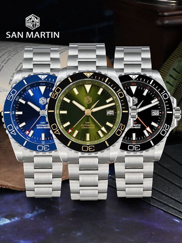 Часы San Martin, 39 мм, часы GMT, эмалированный циферблат NH34, Роскошные мужские часы из нержавеющей стали, автоматические механические сапфировые светящиеся часы SN0136