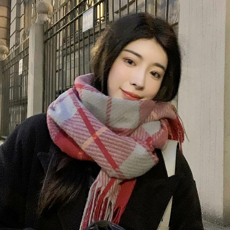 Lujosa bufanda de punto suave para mujer y niña, chal grueso de estilo coreano con borla de celosía a rayas de Cachemira, 65x200cm