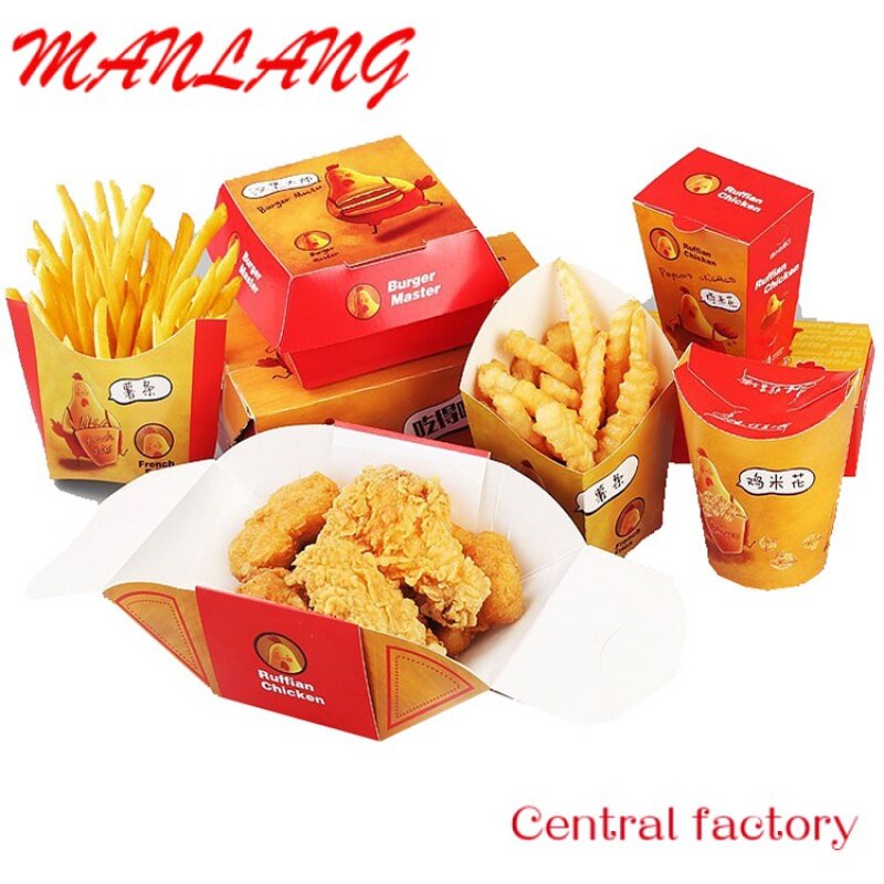 Caja de embalaje de comida rápida, embalaje de papel de impresión personalizada, KFC, patatas fritas, hamburguesa, venta al por mayor