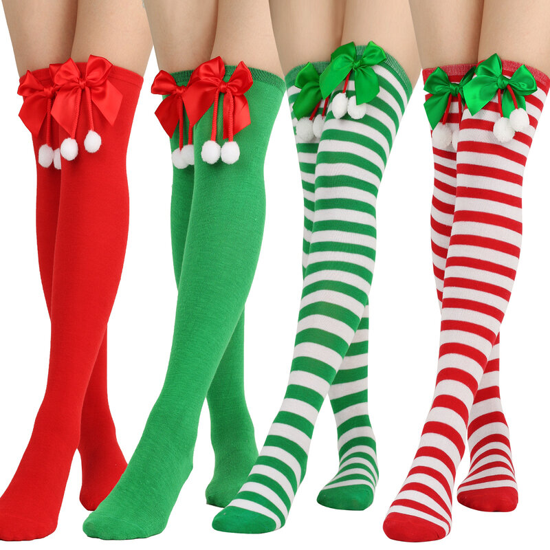 ถุงเท้าประดับโบว์สำหรับผู้หญิงถุงเท้ายาวถึงเข่าถุงเท้านักบอลวันคริสต์มาสถุงน่องลายทาง