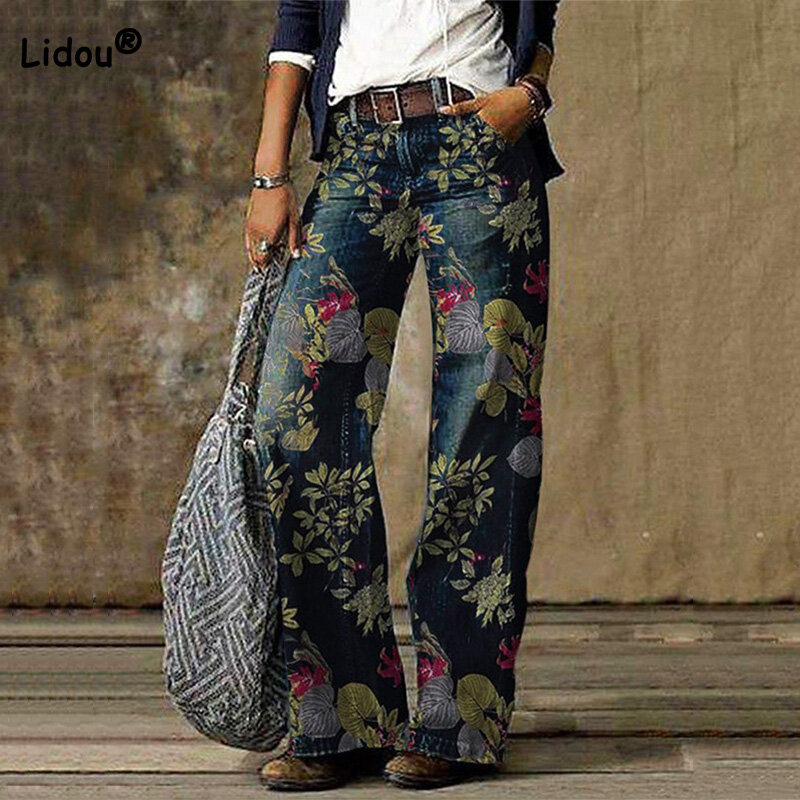 Pantalon rétro sans ceinture avec imprimé de motifs de chanvre, poches décontractées pour femmes, ample, taille haute, jambes larges, longues, mode automne 2022