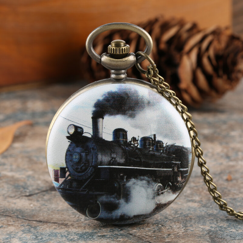 Męski naszyjnik z wisiorek w kształcie zegarka kieszonkowego zegarem kieszonkowym w stylu Vintage z nadrukiem pociąg parowy prezenty z 80 cm łańcuch z brązu pełnym myśliwym