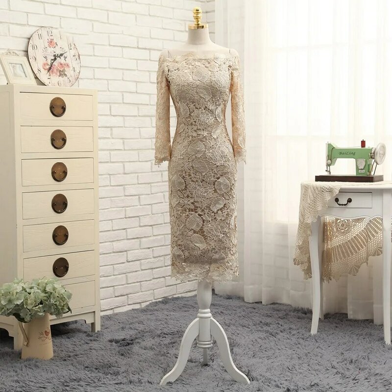 Короткое Кружевное платье для матери невесты, с длинным рукавом