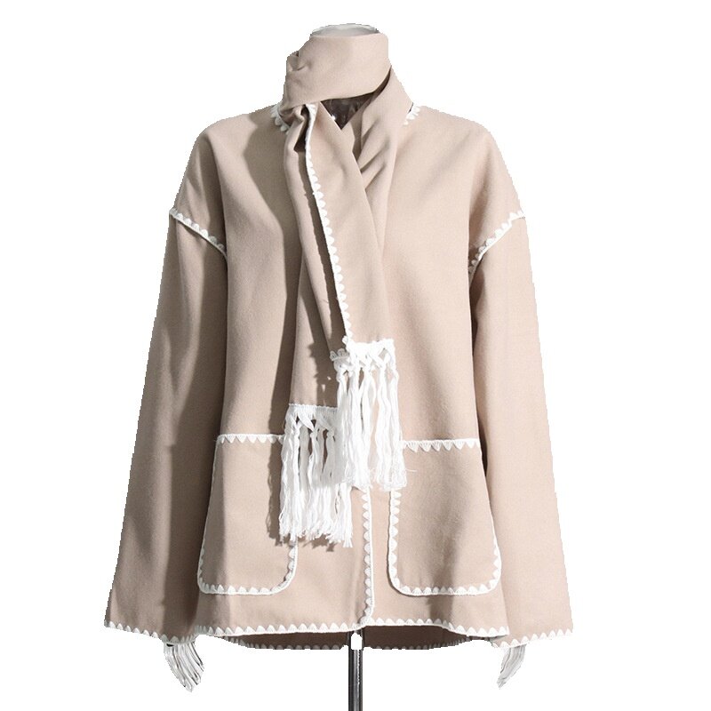 Chaqueta de lana holgada y versátil para mujer, cuello redondo, con borla diseño informal, otoño e invierno, 2024