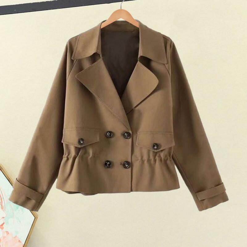 Women Jacket Long Sleeves Lapel Collar Double-breasted Elastic Waist Pocket Solid Color Casual Short Ladies Female Coat Outwear