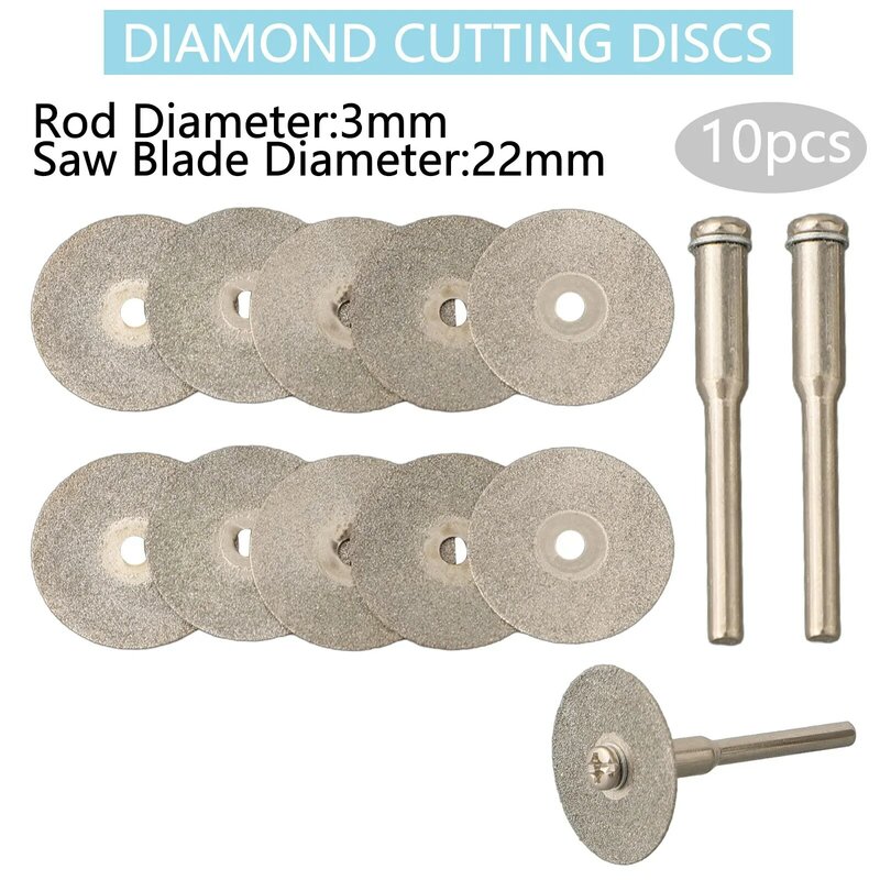 Mini discos de corte de diamante, Cortar a lâmina de serra, Ferramentas rotativas Dremel Drill, 1Pc conectando a haste, 22mm, 10Pcs