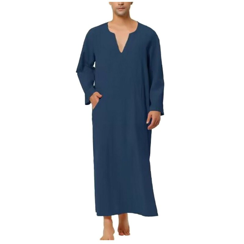 Традиционная мусульманская Мужская рубашка Jubba Thobe с длинным рукавом, льняные халаты, модная модель, Арабский кафтан, халаты