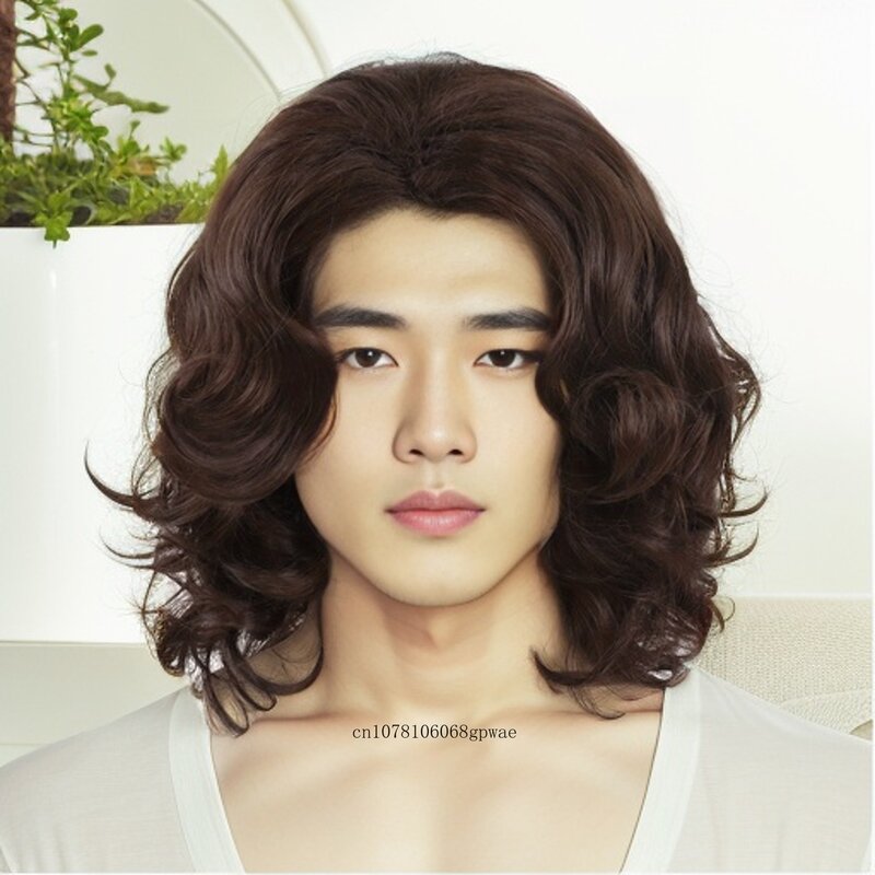 Short Brown Wigs for Men Synthetic Hair Natural Curly Wig Fluffy Breathable Male Wig Cosplay Costume Halloween Heat Resistant