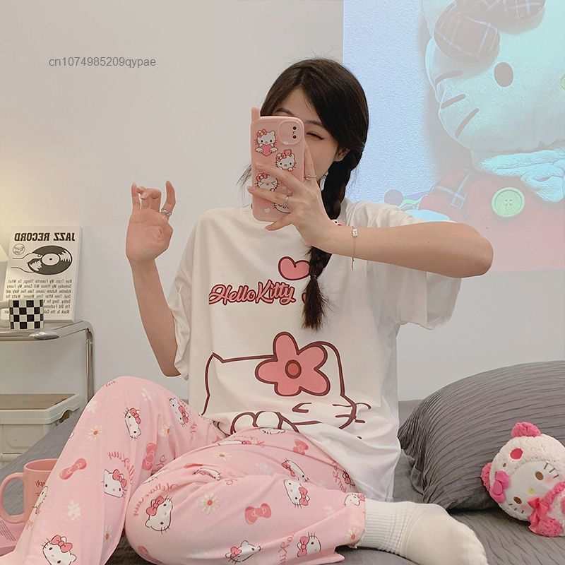 Sanrio-طقم بيجامات مطبوع عليه Hello Kitty للسيدات ، ملابس منزلية رائعة ، بنطلون Y2K بأكمام قصيرة ، رسوم متحركة كاواي ، فتاة لطيفة ، صيف ، جديد ، 2023