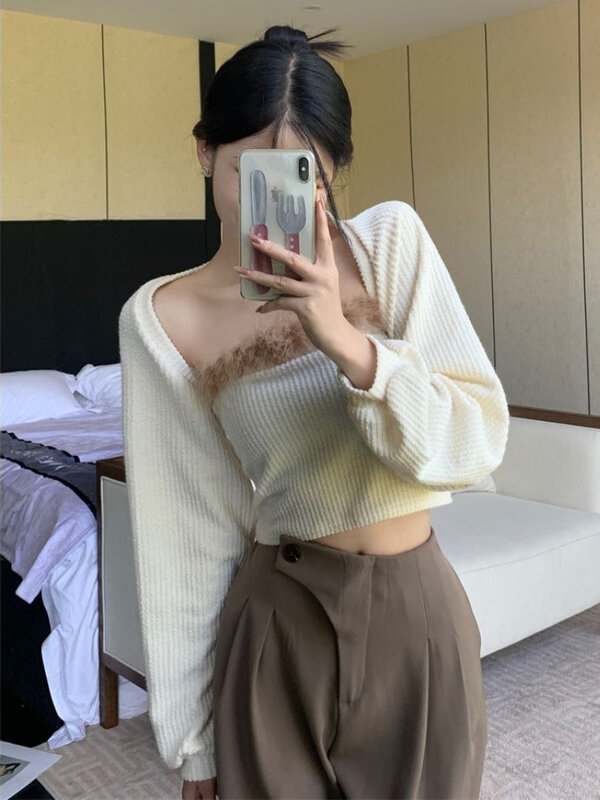 Crop Tops 2 Piece Sets Women Tender Korean Fashion Long Sleeve Cardigans Sexy Female Strapless Camisoles Lovely Spring Clothes