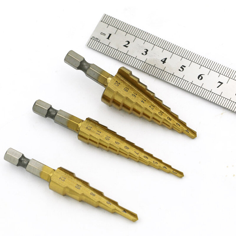 Juego de herramientas de perforación de cono de núcleo, Broca escalonada de ranura recta HSS de 3-12mm, 4-12mm, 4-20mm, 3 piezas, cortador de agujeros de Metal y madera recubierta de Titanio