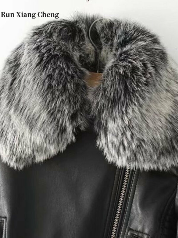 Manteau en cuir de moto avec col en laine pour femme, veste en fourrure, ceinture courte solide, peluche, hiver, automne, nouveau, 2023
