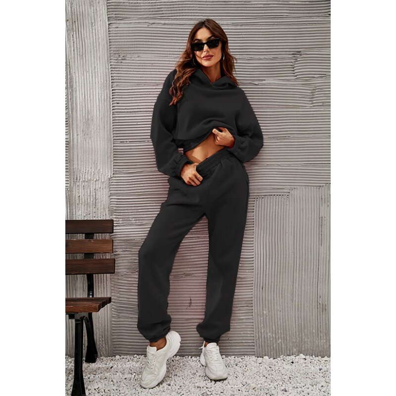 Real Shot  Autumn and Winter Wind Thread Fabric Hooded Sweater Smart Trousers Women's Suit Women