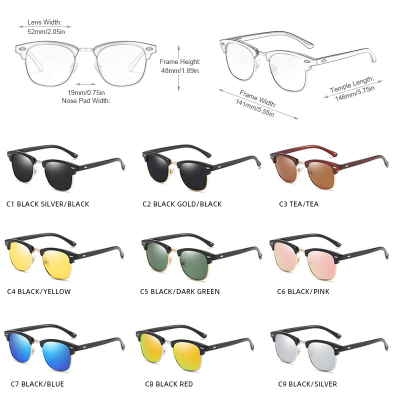 Klasyczne okulary przeciwsłoneczne z polaryzacją w połowie oprawki męskie damskie Retro nit małe męskie okulary przeciwsłoneczne popularne czarne antyodblaskowe okulary przeciwsłoneczne