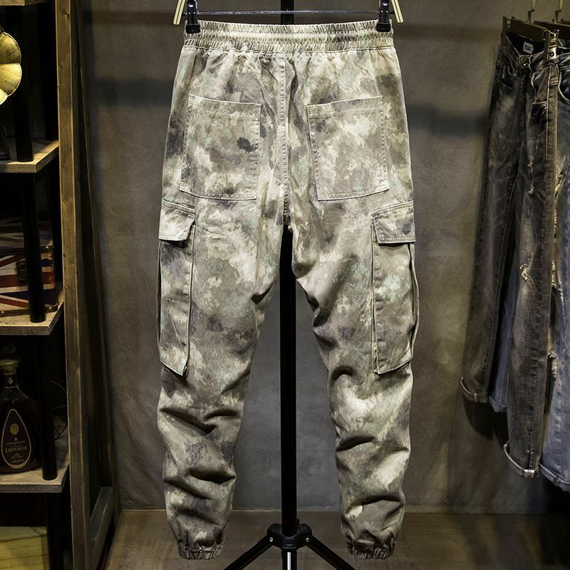 Calças masculinas soltas de engenharia de forças especiais, high-end casual soltas, camo americano do deserto, pé pequeno na moda, outono