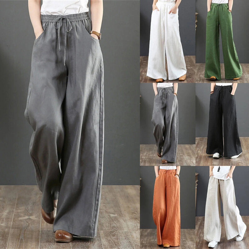 Pantalones informales de pierna ancha para mujer, Pantalón liso Retro de algodón y lino, holgado, cintura alta, elástico, recto, Verano