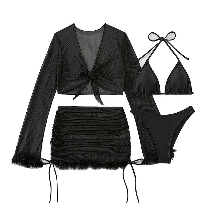 Bikini negro con cuello Halter para mujer, traje de baño con Top Sexy y falda para la playa, ropa de playa, 4 piezas, 2024