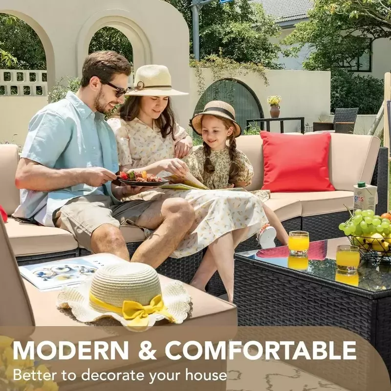 Patio Garden Sofas Furniture Sets Manual Weaving Wicker Rattan Outdoor Conversation Sets with Cushion Beige Garden Sofas