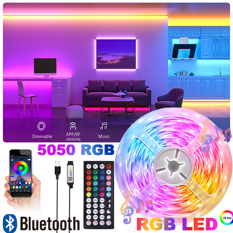 DiviRGB5050 Bande Lumineuse LED avec Télécommande 44 prédire, Bluetooth, Ruban pour Décoration de Chambre à Coucher, Musique, Contrôle du Téléphone, Décoration de Salle à Manger