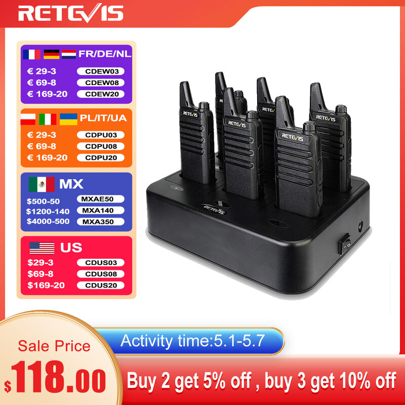 Retevis Walkie Talkies 6 pcs Walkie Talkie Professional Mini PMR PMR446 FRS for Hotel Restaurant with 6 Way Multi Gang Charger
