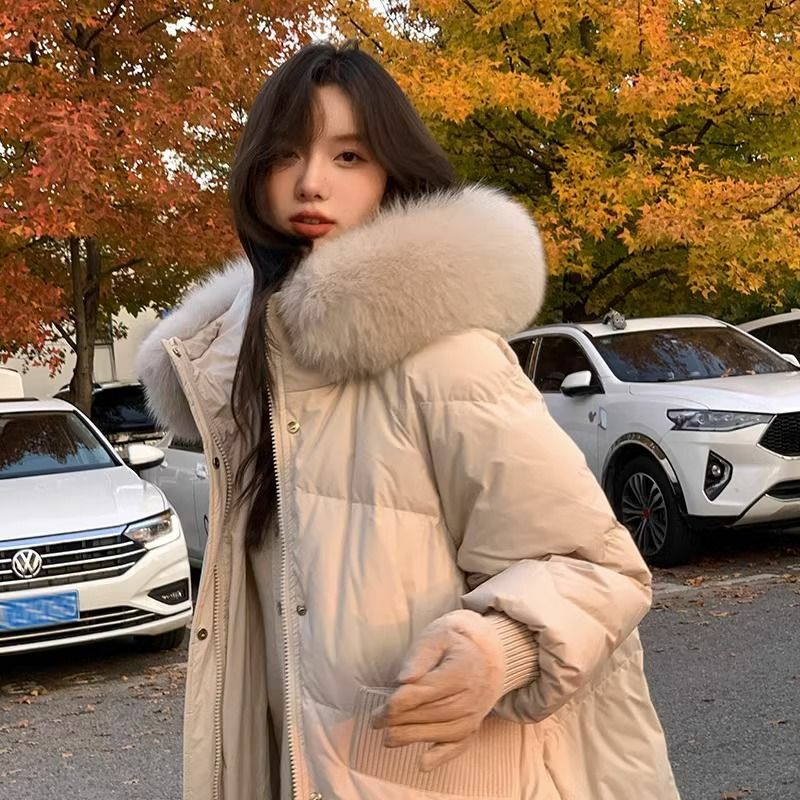 Winter Faux Fur Collar Long Hooded Parka Women Loose Warm Down Jackets Korean Fashion Snow Wear Quilted Overcoats R468