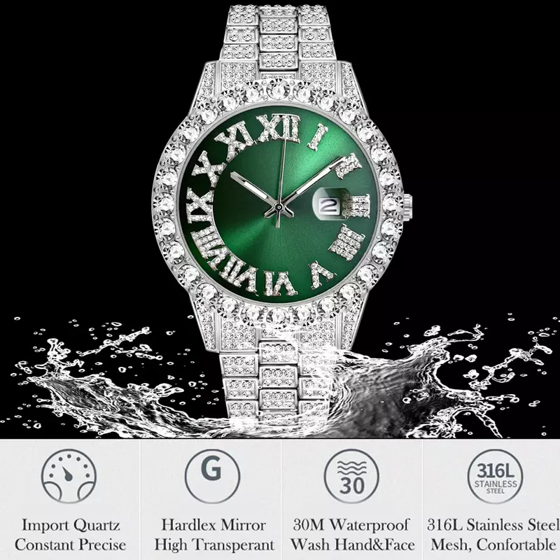 مثلج خارج ساعة الرجال العلامة التجارية الفاخرة كامل الماس رجالي ساعات AAA تشيكوسلوفاكيا كوارتز ساعة رجالي مقاوم للماء الهيب هوب ساعة الذكور هدية للرجال