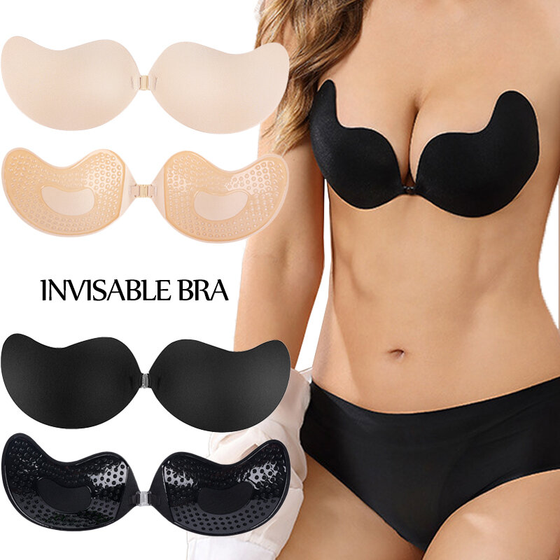 Invisible Push Up Bra for Women Backless Strapless Bra Seamless Front Closure Bralette Underwear Silicone Self-Adhesive Bra Pads