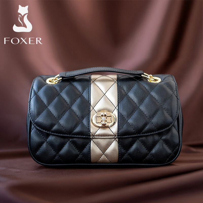 FOXER-Bolso cruzado con entramado de diamantes para mujer, bandolera de hombro con correa de cadena de cuero dividida, color negro