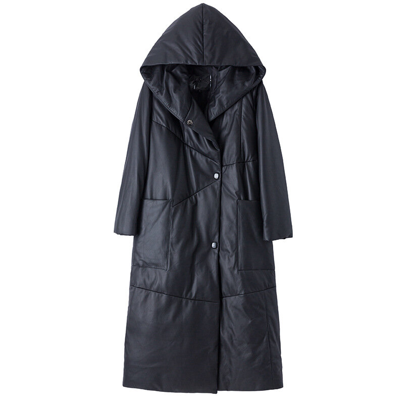 Women's Leather Down Coat, Hooded Sheepskin, Thicken Coat, Black, Genuine Leather Outerwear, Long Casual Trench, Winter