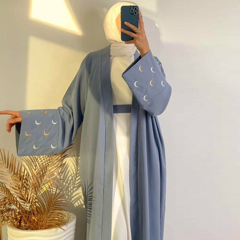 Dubai Eid Al-Adha Abayas Women Moon Embroidery Muslim Dress Turkey Kaftan Arabic Robe Islamic Jalabiya Kimono Cardigan Djellaba
