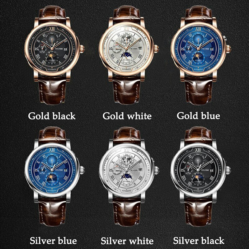 2024 비즈니스 방수 기계식 시계 남성용, 최고급 브랜드 럭셔리 가죽 시계, 문 페이즈 자동 손목시계