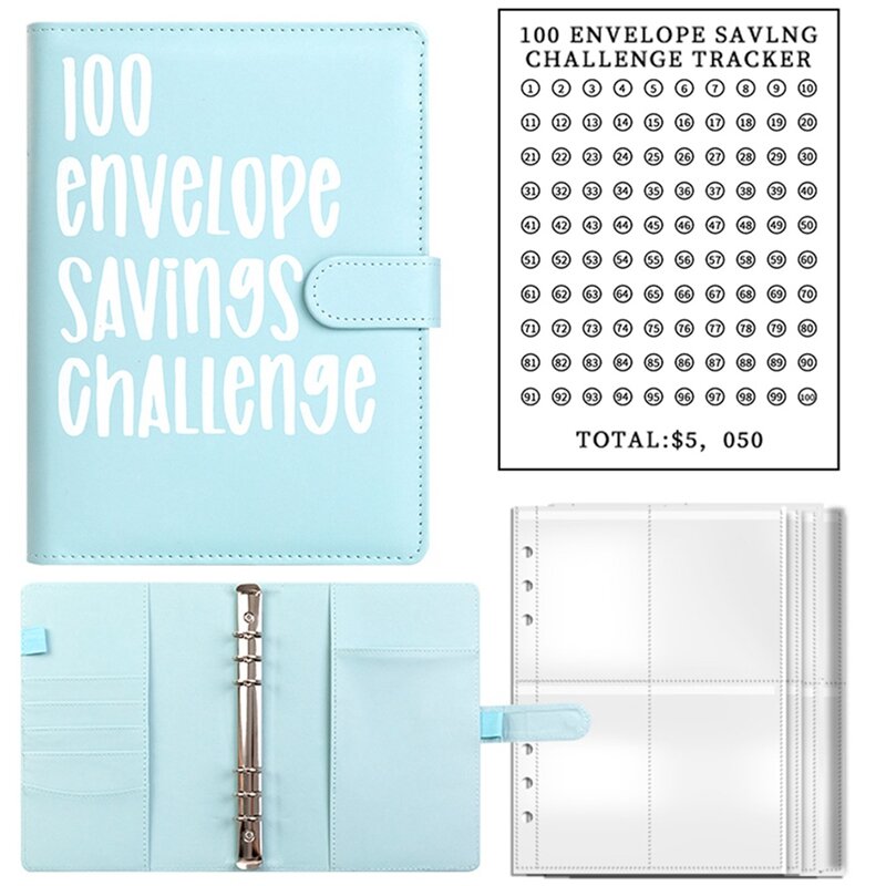 Envelope Challenge Binder Set, Blocos de Cadernos, Pastas de Poupança, Pasta de Folhas Soltas, Bolsos de Dinheiro, Kit Envelopes, Azul Claro, 100 pcs