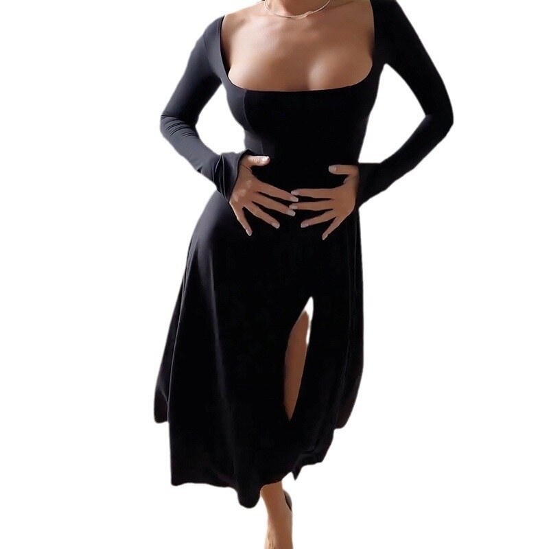 Falda ajustada de manga larga con cuello cuadrado para mujer, vestido básico de moda con dobladillo dividido, color negro, Primavera, 2024