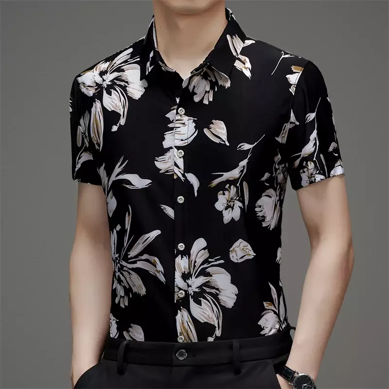 Camisa Floral de manga corta para hombre, camisa holgada de seda de hielo, cómoda, a la moda, informal, versátil, nuevos productos de verano