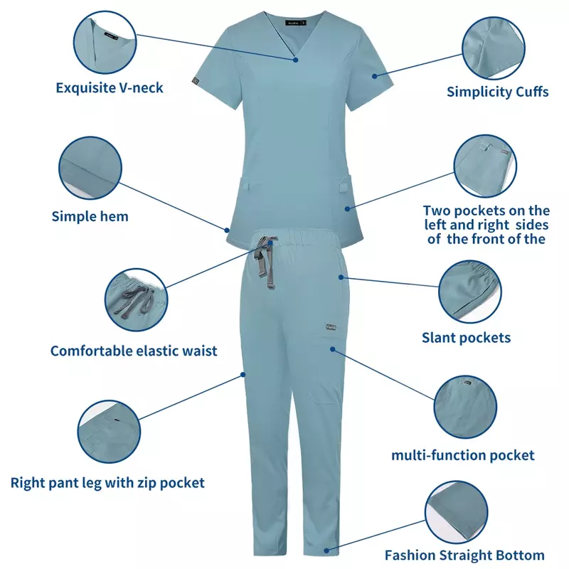 Conjunto de esfrega de enfermagem personalizado para as mulheres, calças retas, conjuntos de médicos hospitalares, uniforme elegante Slim Fit, nova chegada