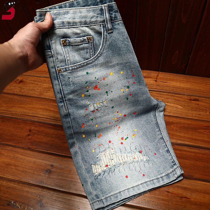 Jeansowe szorty z łamanymi otworami do malowania męskie lato 2024new elastyczne slim-fit modne spodnie the fifth młodzieżowe