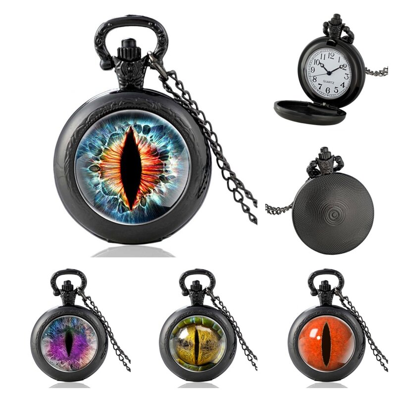 Cool Devil's Eye Design Quartz Pocket Watch, Classic Black Men Women Dragon's Eye Necklace Watches Jewelry Gifts