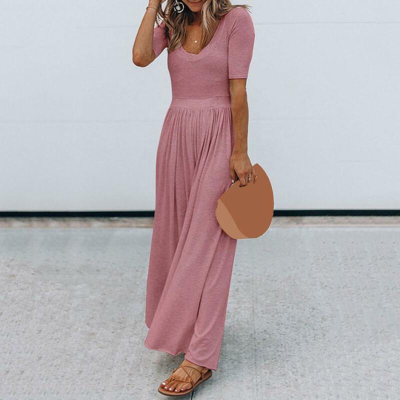 Round Neck Jumpsuit Stylish Summer Jumpsuit with Round Neck Short Sleeves Wide Leg Elegant High Waist Pleated Design for Casual
