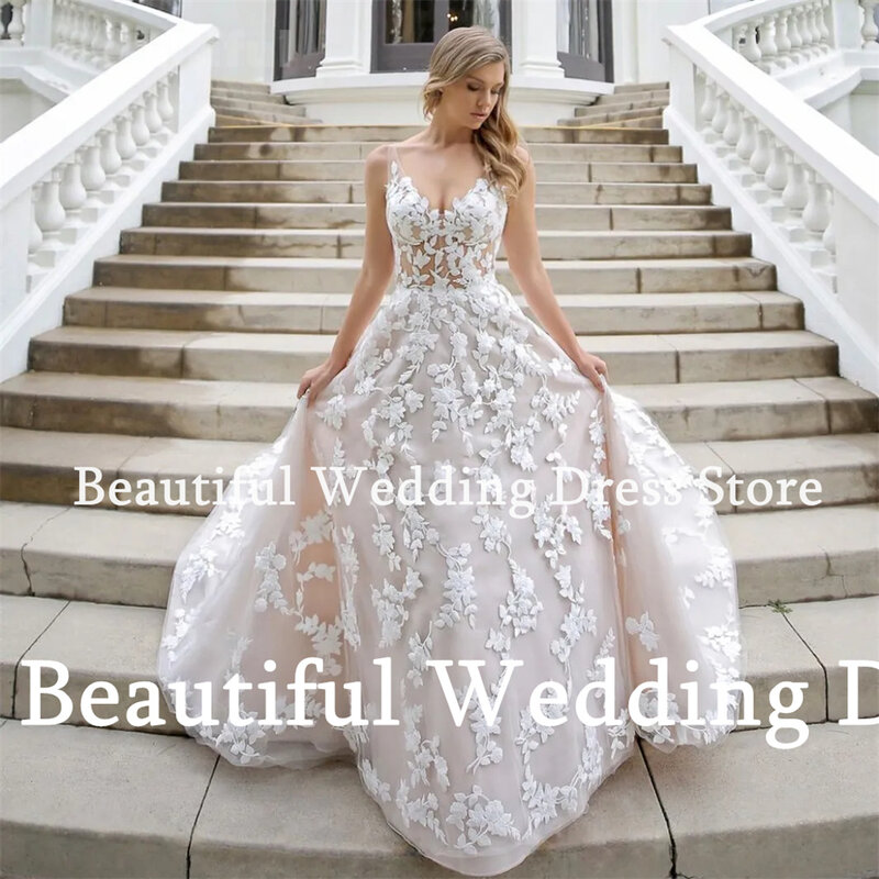 Beautiful Dress Charming Deep V-Neck Wedding Dress Floral Appliques Floor-Length Sweep Train 2024 Bridal Gown New Prom Dress