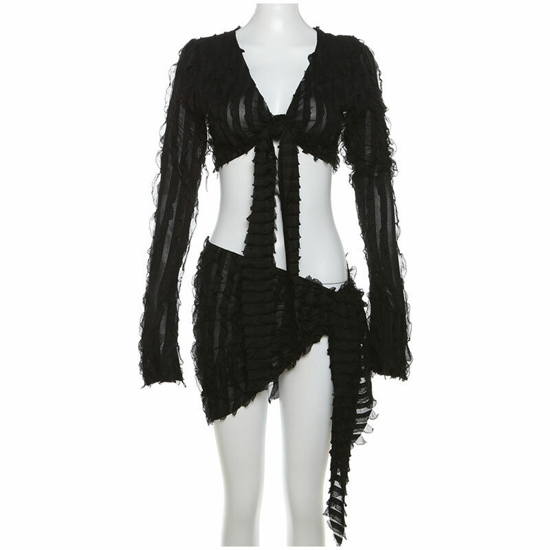 Conjunto de Falda plisada de manga larga para mujer, traje Sexy ajustado a la cadera, con cordones, elegante, para fiesta y Club, 2023
