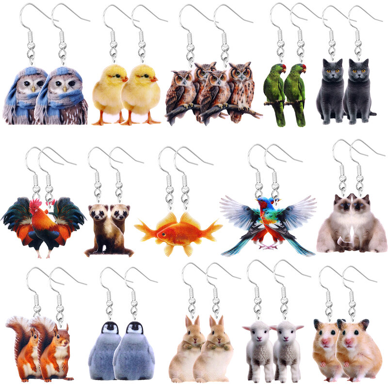 Anting-anting hewan terbuat dari akrilik, burung kolibri lucu dan lucu, ikan mas, tupai, burung bayan, burung hantu, ayam jantan, kodok