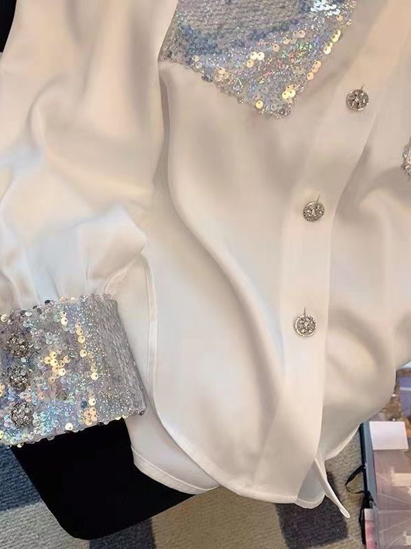 2024 Spring and Autumn French High End Fashionable Long Sleeved Design with Sequin White Shirt