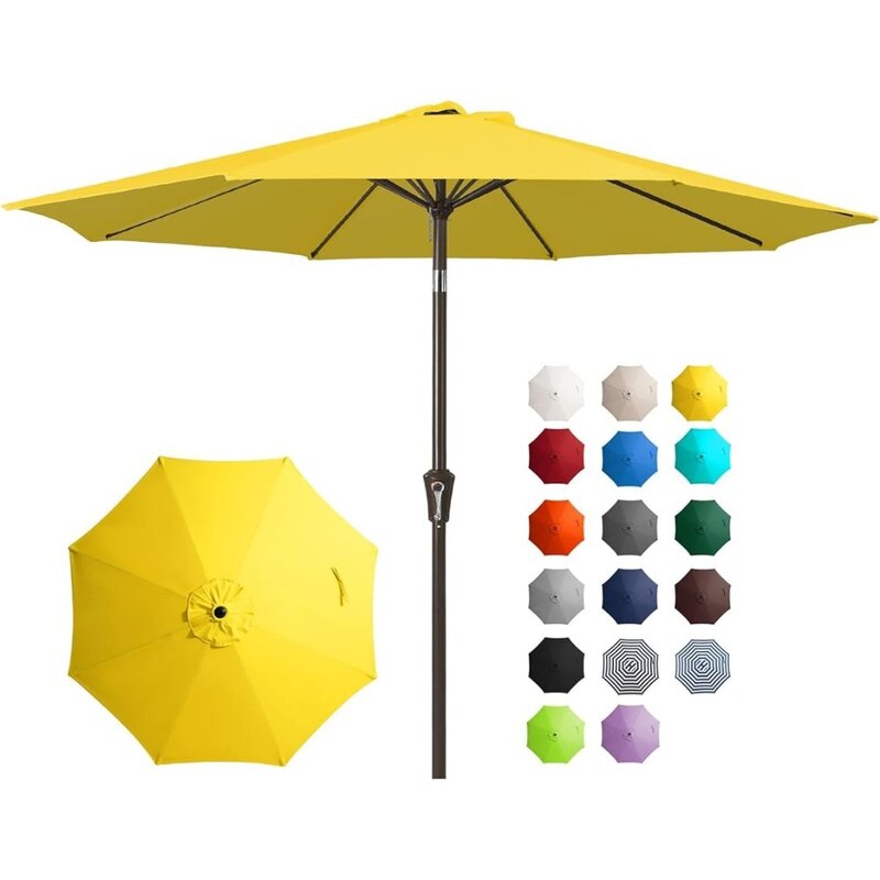 JEAREY payung teras luar ruangan, payung meja luar ruangan dengan tombol tekan miring dan engkol, pasar 8 rusuk kuat (kuning) 9 kaki