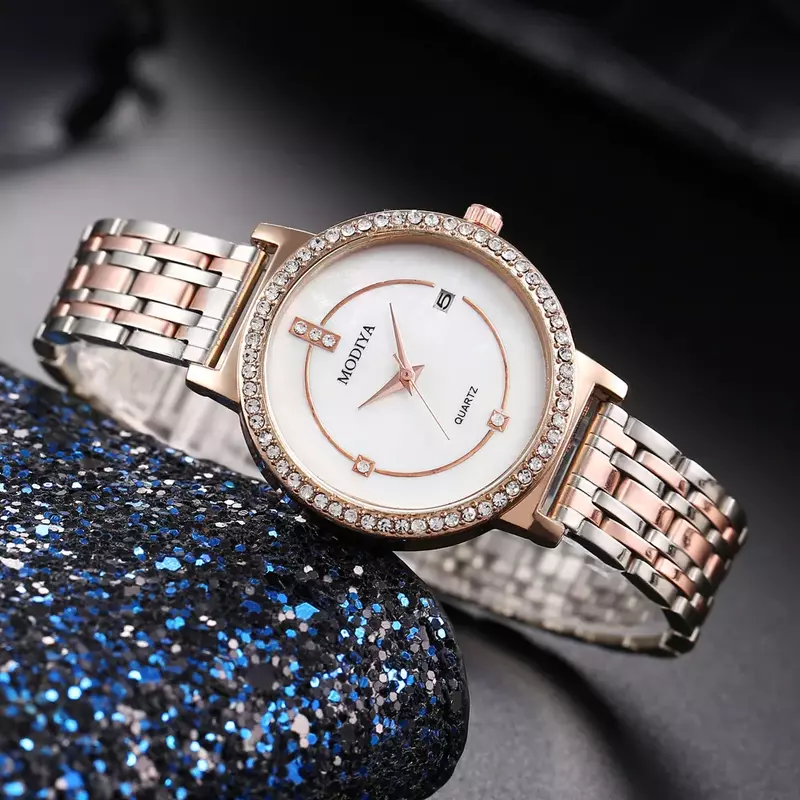 Jam tangan wanita, jam tangan perempuan sabuk baja tempramen, kalender bertatahkan berlian