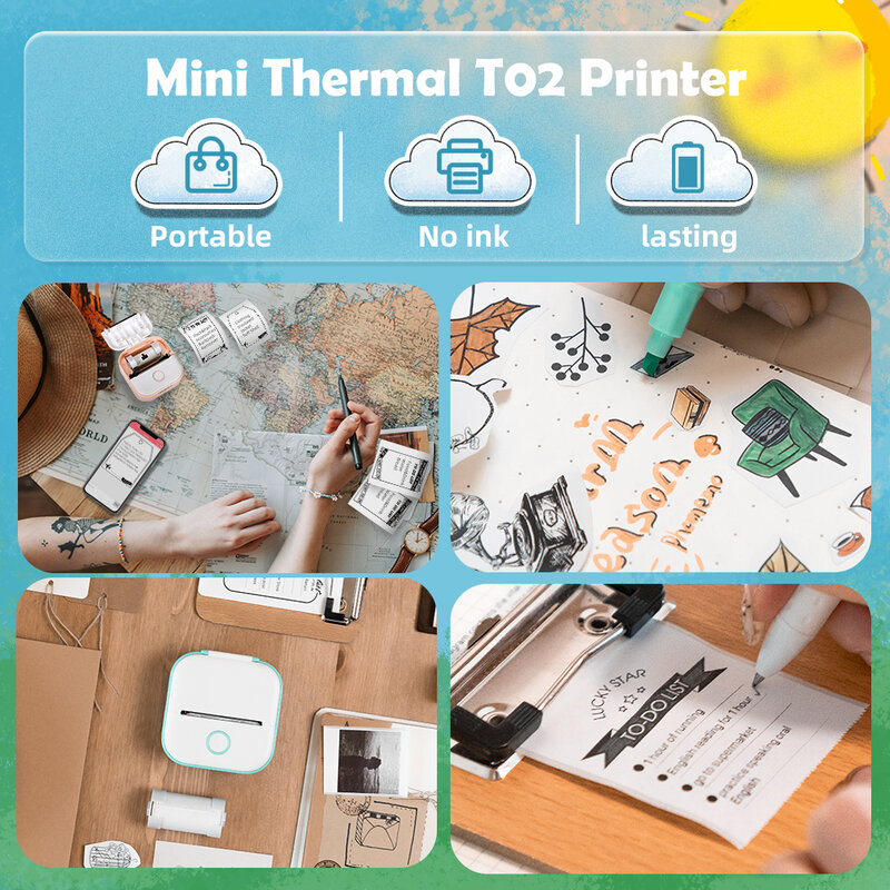 Phomemo-Mini impresora térmica portátil T02, inalámbrica, BT, 203dpi, Impresión de etiquetas fotográficas, lista de notas, con Cable USB, Imprimante, portátil