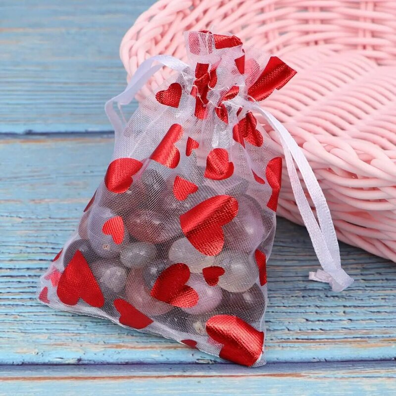 10pcs Heart Printing Drawstring Organza Bags Jewelry Packaging Bags Valentine's Day Wedding Party Gifts Pouches
