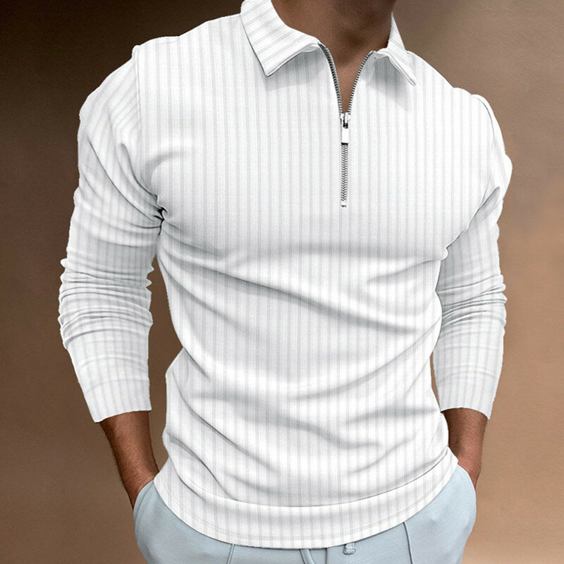 Мужская рубашка-поло с длинным рукавом, в полоску, с отложным воротником