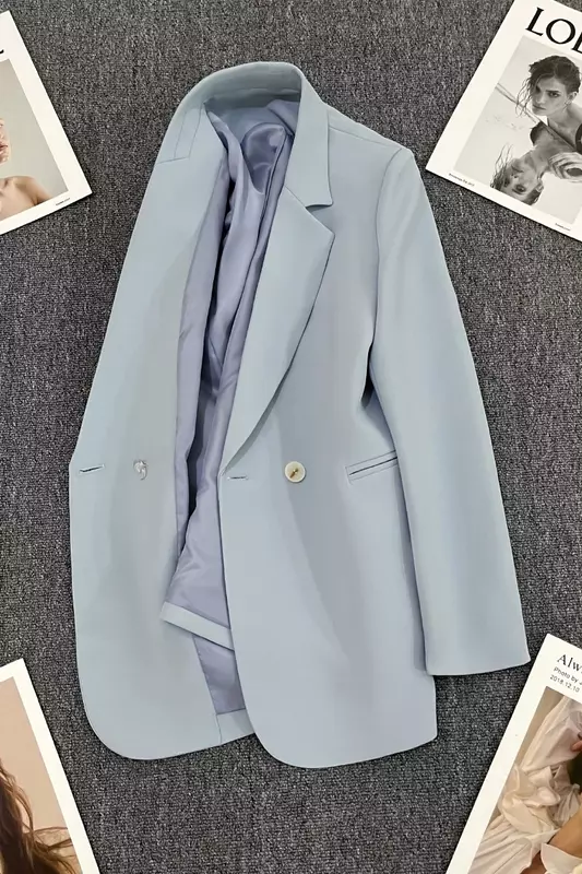 Blazer de botões manga comprida feminino, blazers e jaquetas entalhadas, casaco de terno de trabalho, monocromático, elegante, fino, azul, escritório, lady, feminino, 2023